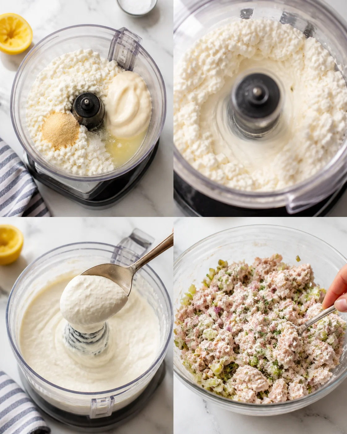 collage of ingredients in a processor and a bowl of tuna salad with celery