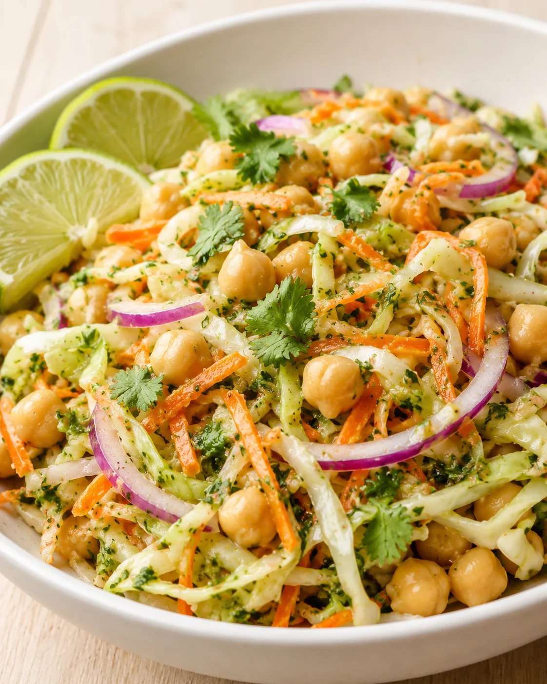 white bowl of fresh chickpea salad with shredded cabbage and carrots, lime wedges, and cilantro