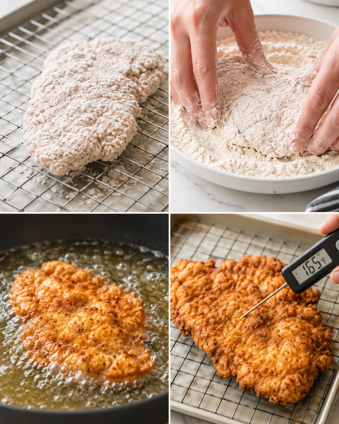 collage showing breaded chicken on rack, hands coating in flour, frying chicken in oil, and thermometer checking doneness