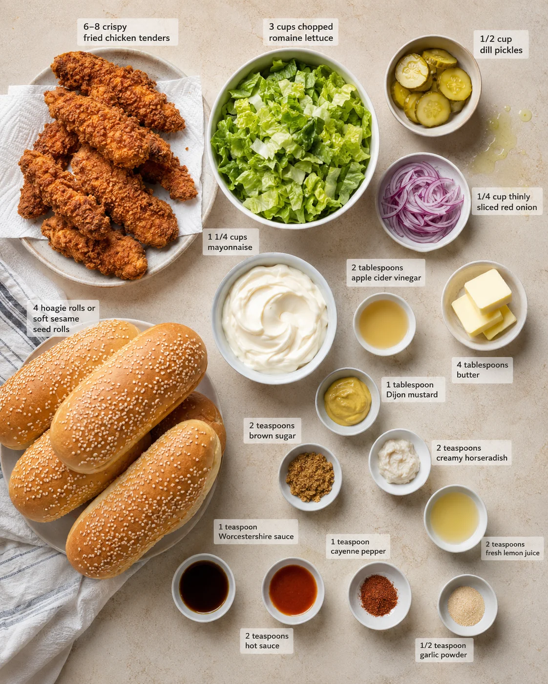 Top-down view of labeled ingredients for a fried chicken sandwich: chicken tenders, buns, lettuce, pickles, onions, sauces.