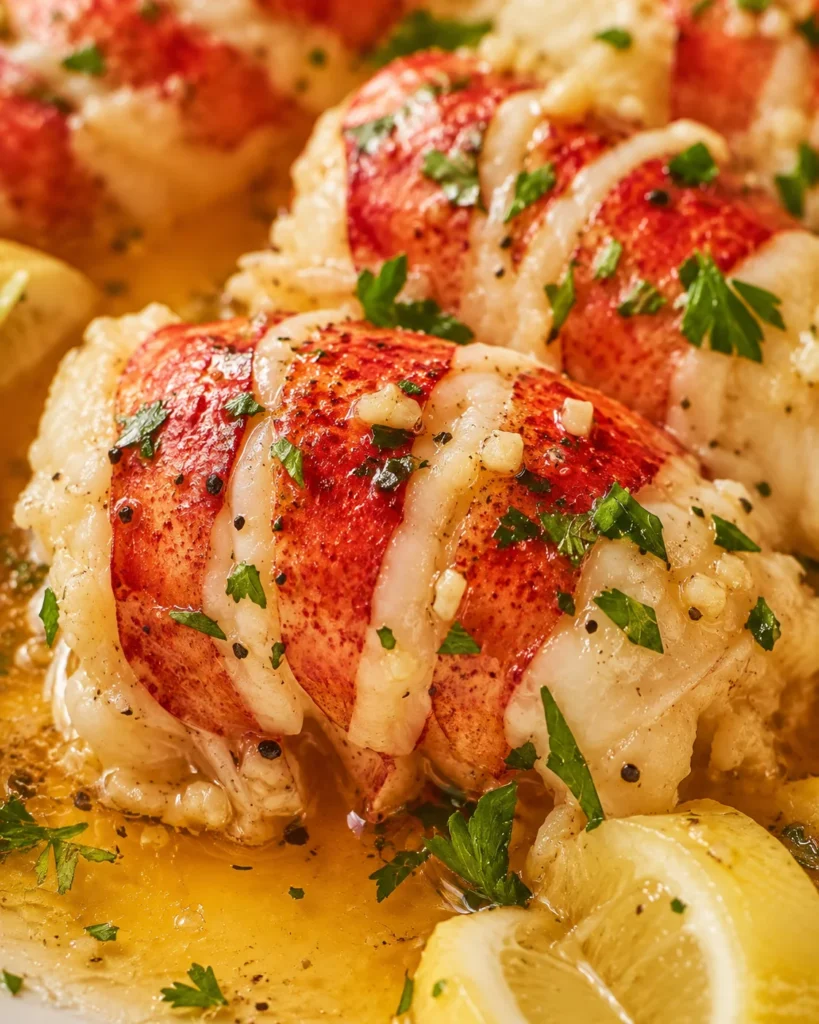 Close-up of bright red lobster tails in lemon-butter sauce, garnished with chopped parsley.