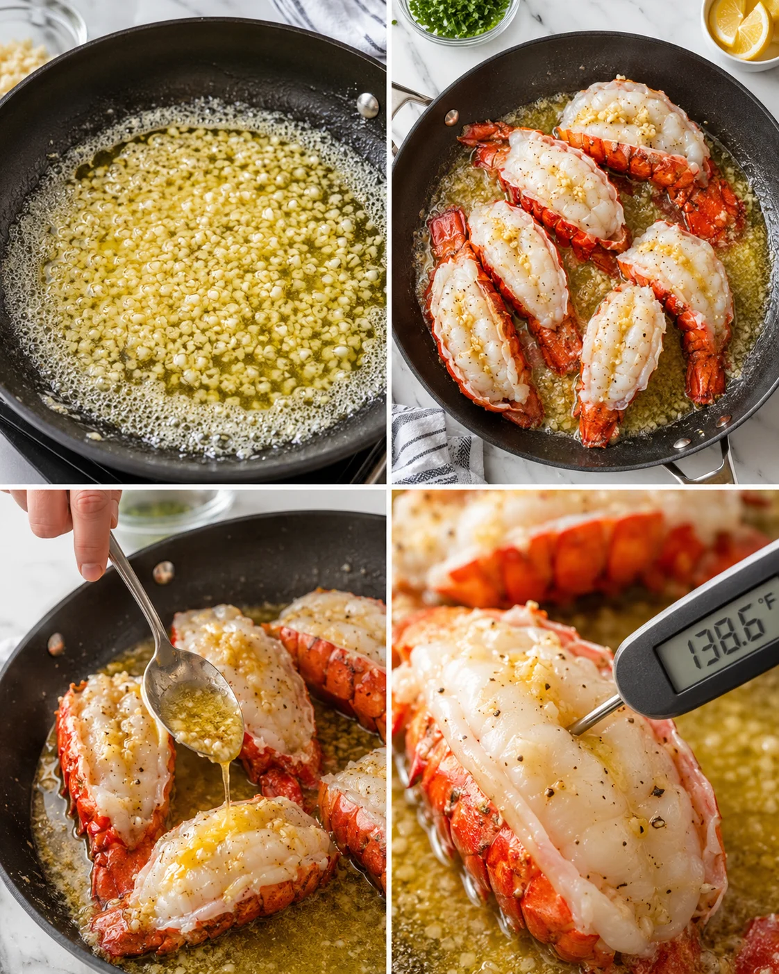 Collage showing garlic-butter lobster tails cooking in a skillet with a thermometer.