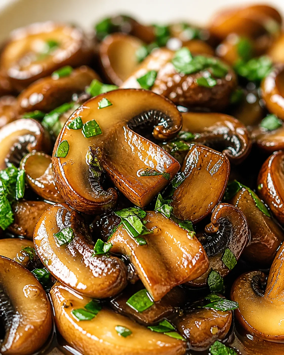 Close-up of caramelized mushrooms with chopped green herbs in oil.