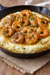 cast-iron skillet with garlic-butter shrimp on creamy grits, garnished with parsley