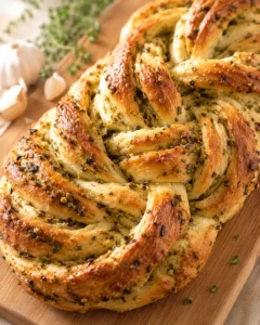 close-up of golden braided garlic herb bread on a wooden board