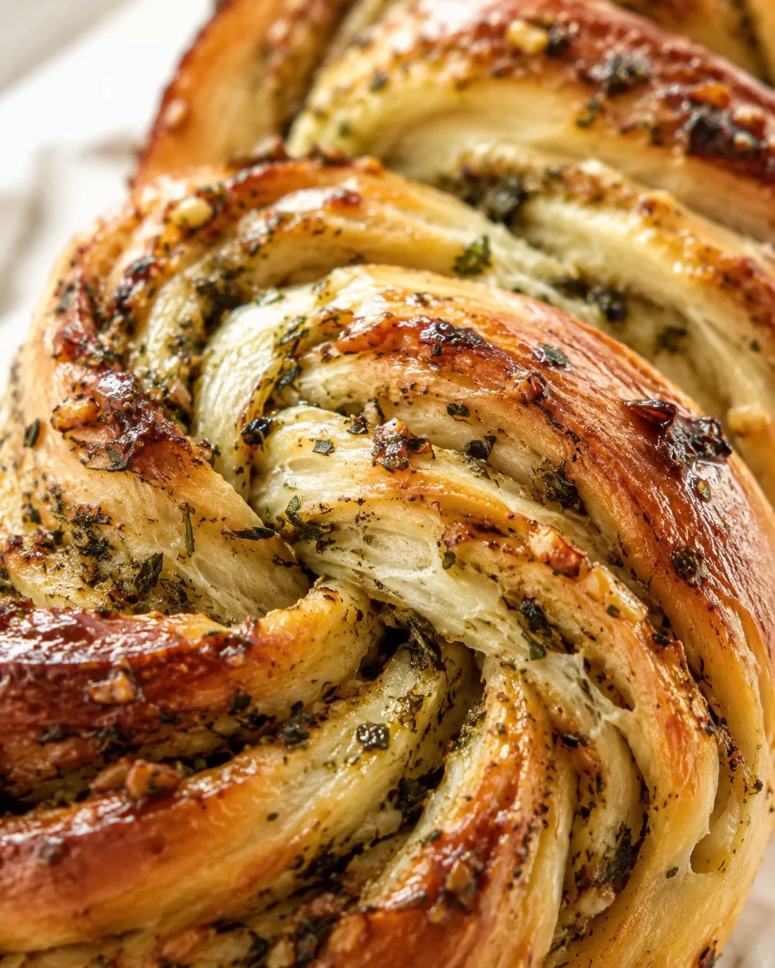 close-up of a glossy, golden-brown braided bread with garlic and herbs