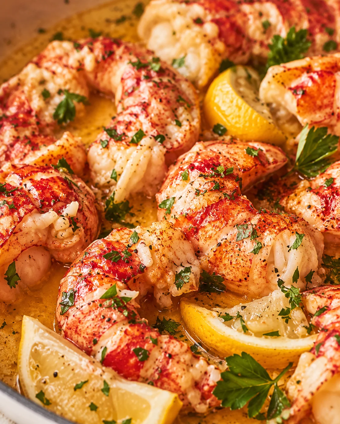Succulent shrimp in lemon-butter sauce, garnished with parsley, in a skillet.