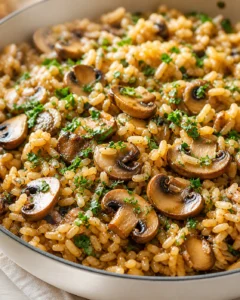 close-up of creamy mushroom risotto with sliced mushrooms and chopped parsley in a skillet