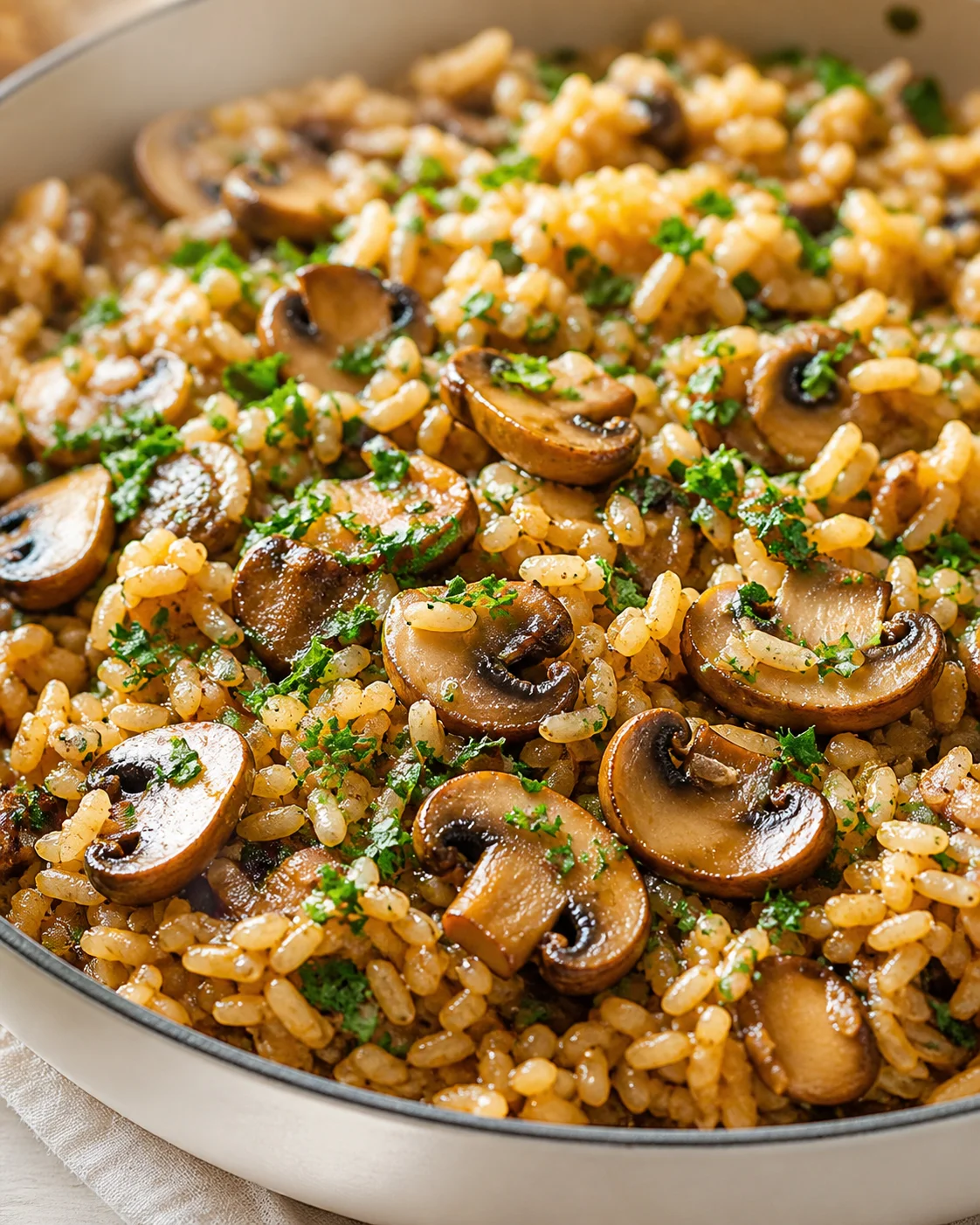 close-up of creamy mushroom risotto with sliced mushrooms and chopped parsley in a skillet
