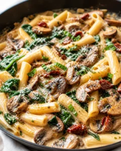 creamy mushroom pasta with rigatoni, spinach, and sun-dried tomatoes in a skillet