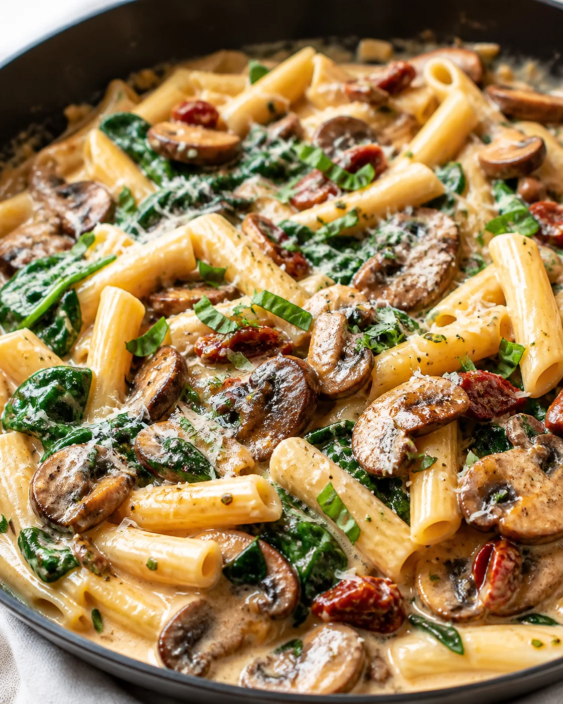 creamy mushroom pasta with rigatoni, spinach, and sun-dried tomatoes in a skillet