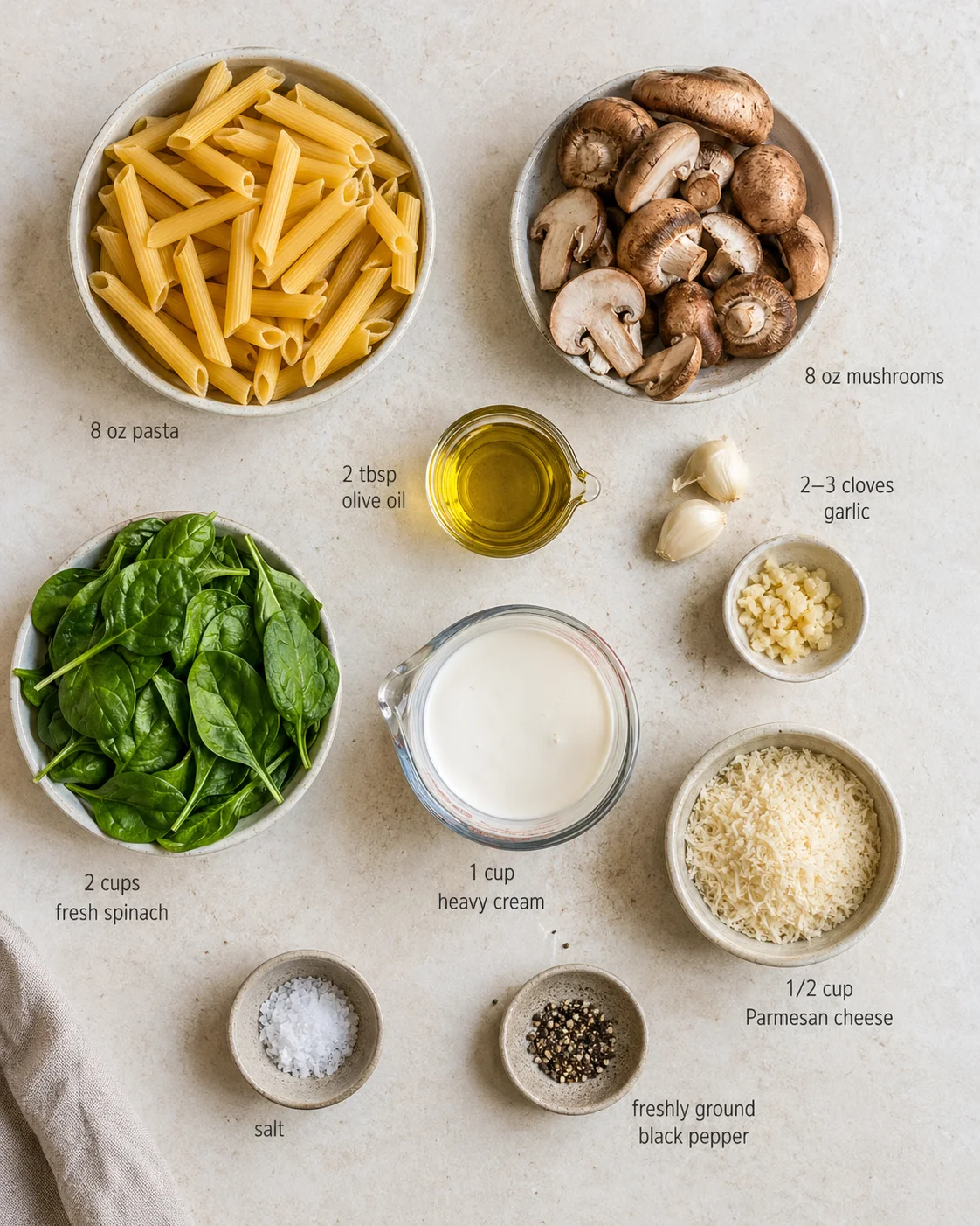 Top-down view of ingredients for creamy spinach mushroom pasta: pasta, mushrooms, spinach, cream, parmesan, garlic, olive oil, and seasonings.