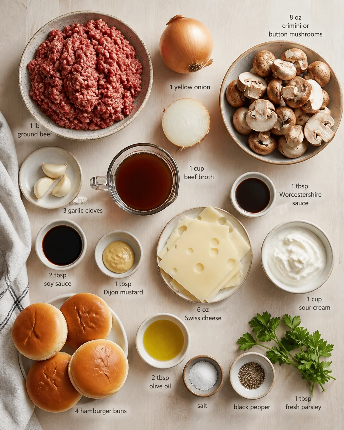 flat lay of raw burger ingredients with labeled amounts arranged on a light wooden surface