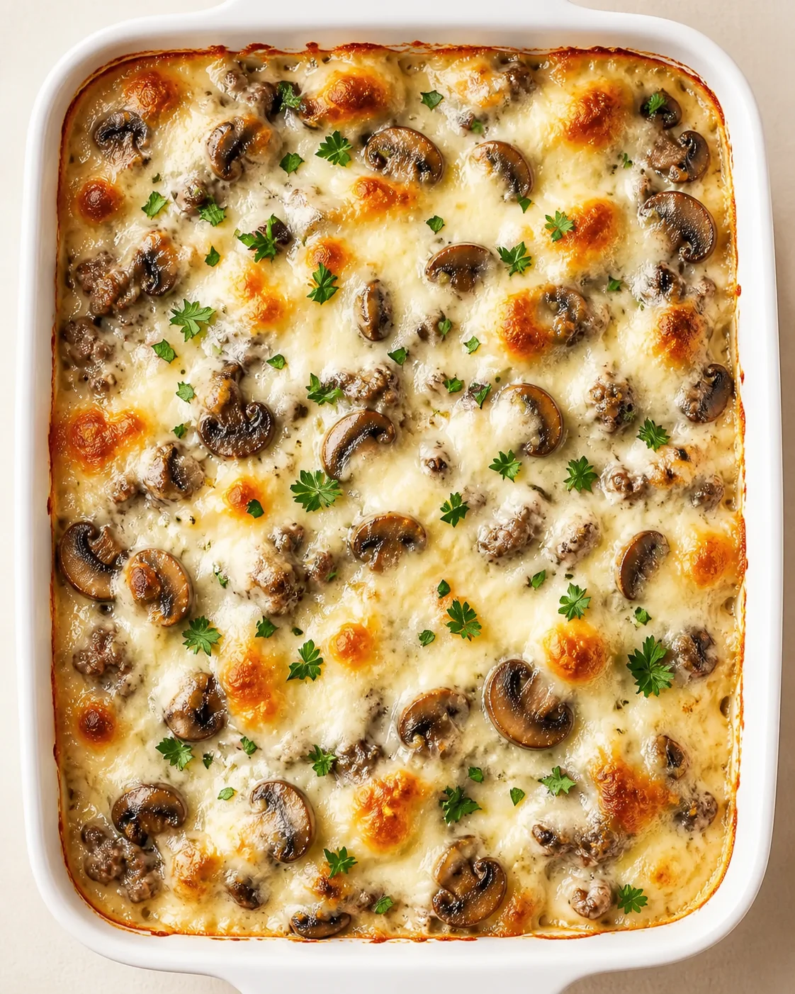 Top-down view of a bubbling mushroom and cheese gratin in a white baking dish.