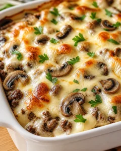 bubbly cheese-topped mushroom-beef casserole in a white baking dish, garnished with parsley