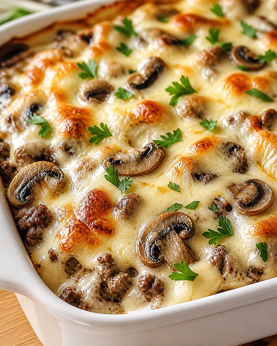 bubbly cheese-topped mushroom-beef casserole in a white baking dish, garnished with parsley
