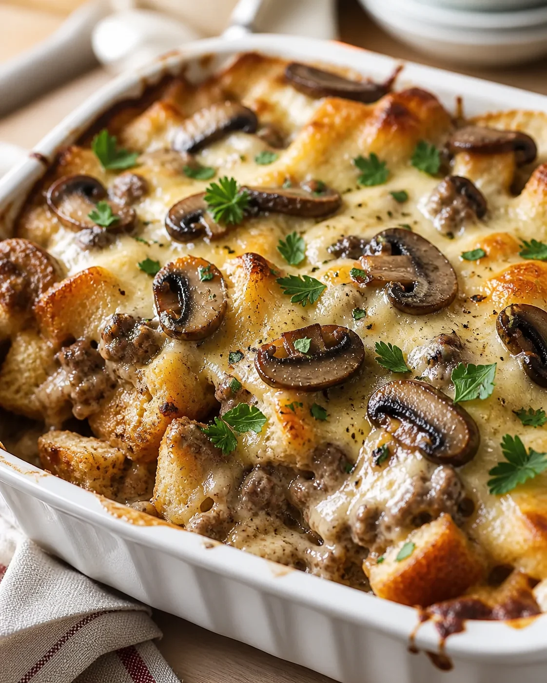 Baked cheesy mushroom and potato casserole in a white dish, garnished with parsley