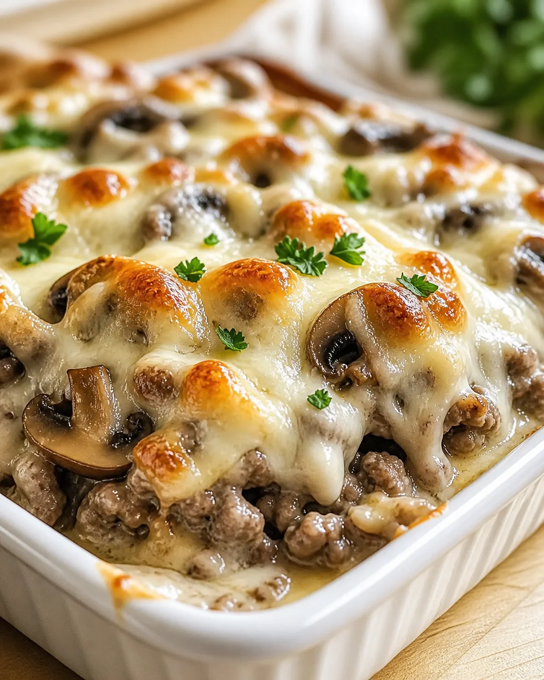 Cheesy mushroom-beef casserole bubbling in a white dish, garnished with parsley.