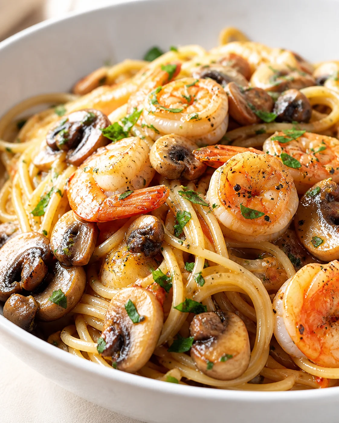 plump shrimp and mushrooms with pasta in a glossy herb-garlic sauce, garnished with parsley.