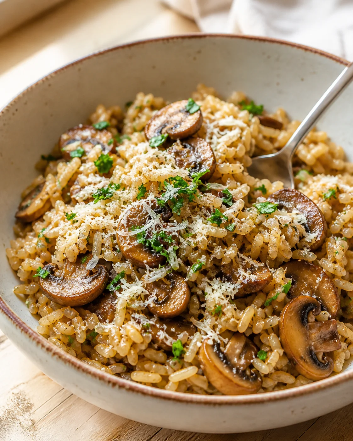 Creamy mushroom risotto with parmesan shavings and fresh parsley in a rustic bowl.