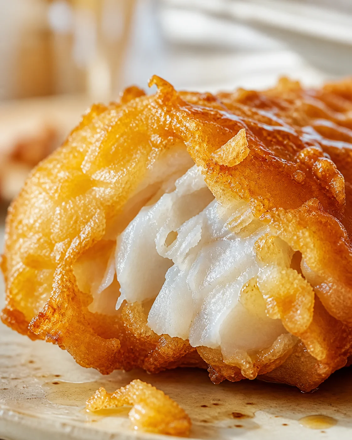 Close-up of a golden fried fish fillet with flaky white interior on a wooden surface.