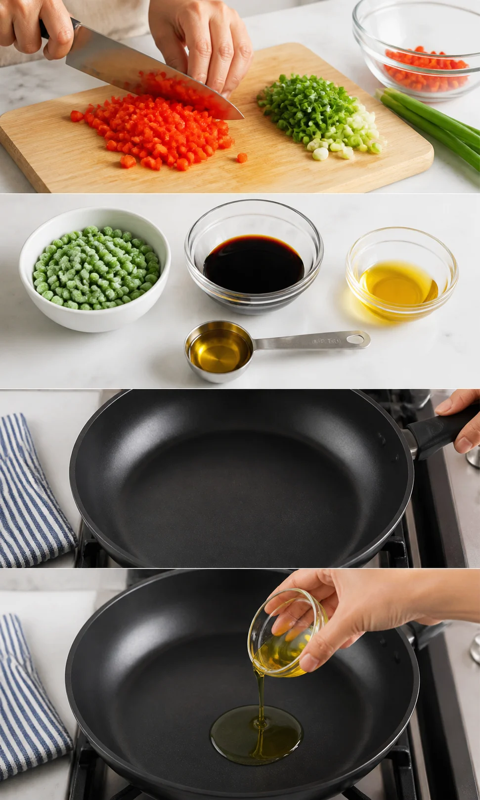 hands chopping red peppers and green onions on cutting board with sauce bowls nearby