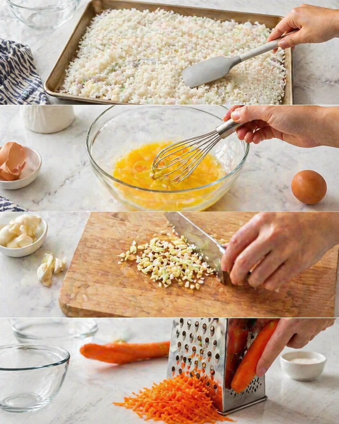 collage shows pastel rice on a sheet pan, beaten eggs in a glass bowl, minced garlic in a small bowl, and grated carrot on a cutting board