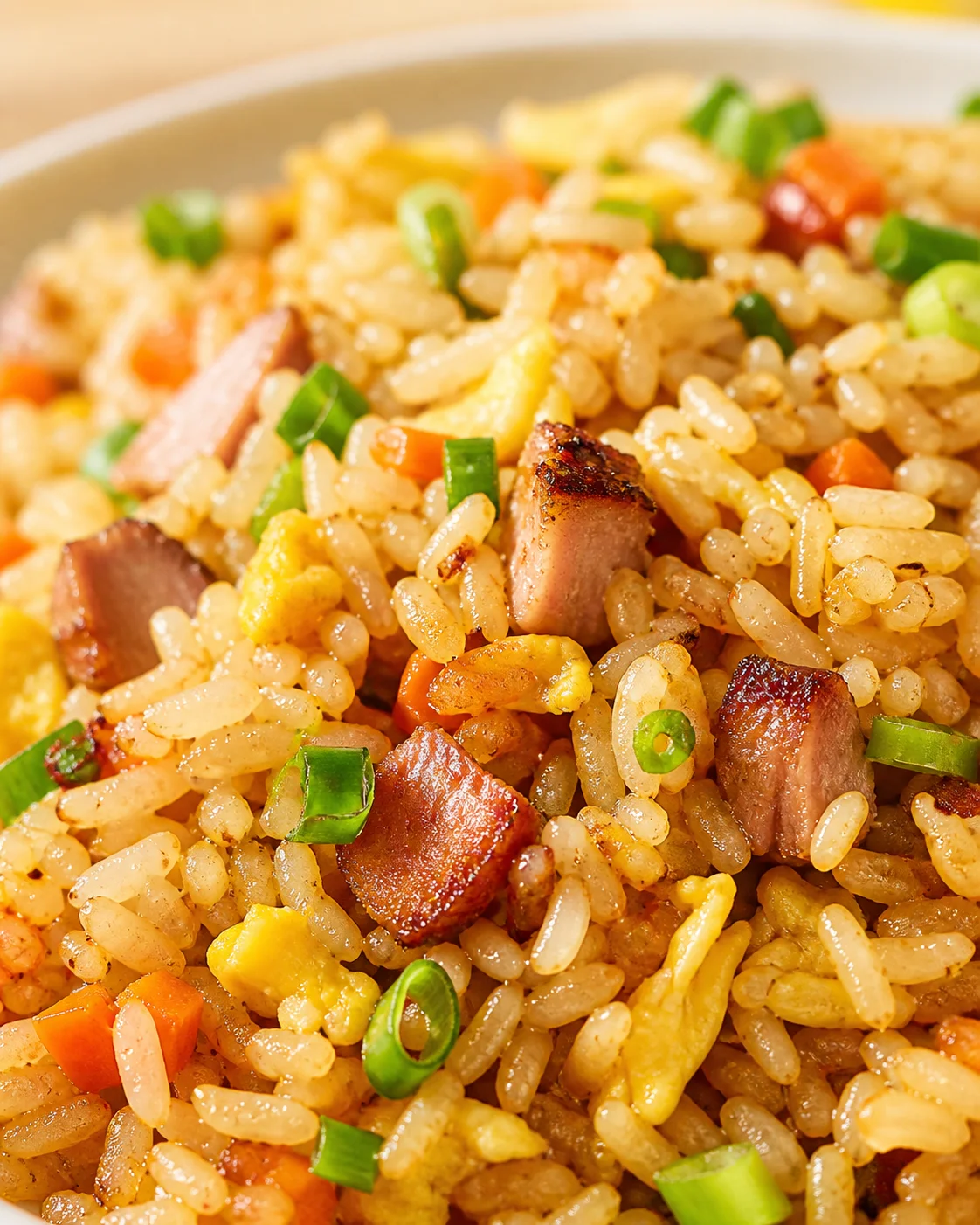 Close-up of fried rice with crispy bacon, eggs, carrots, and green onions