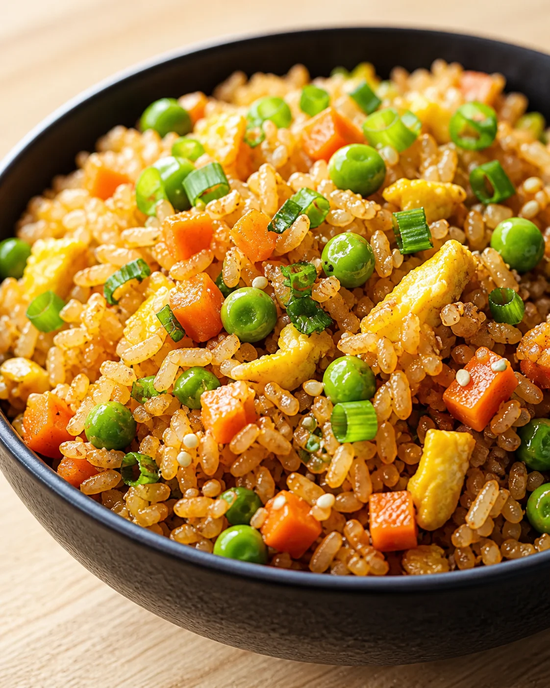 close-up of a bowl of vegetable fried rice with peas, carrots, and green onions.