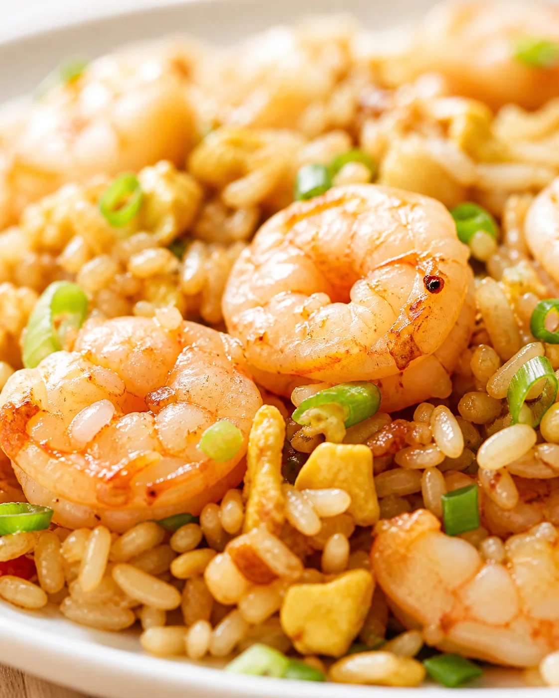 close-up of shrimp fried rice with plump shrimp, white rice, diced egg, and green onions