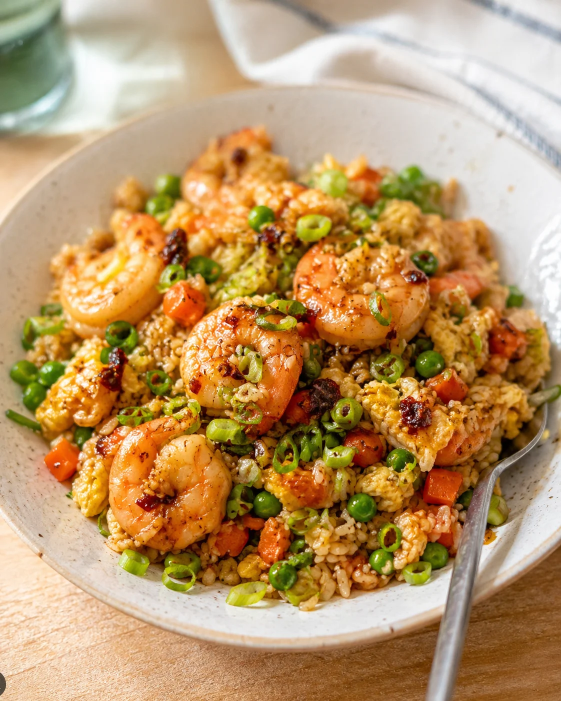 Plated shrimp fried rice with peas, diced carrots, and green onions in a light speckled bowl.