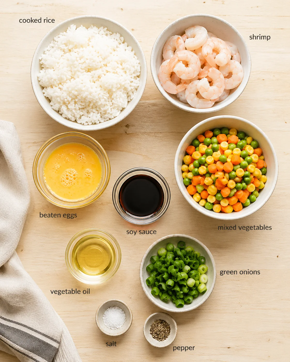 top-down view of bowls with cooked rice, shrimp, mixed vegetables, beaten eggs, and sauces on a wooden surface