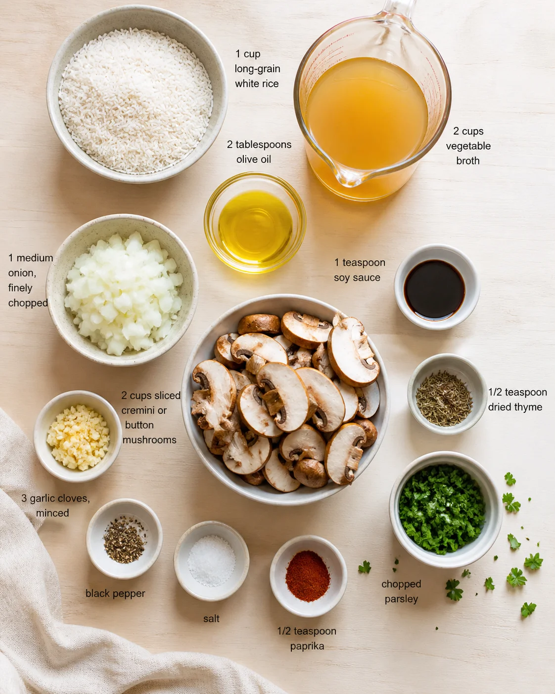 Top-down view of mushroom rice ingredients with labeled quantities.
