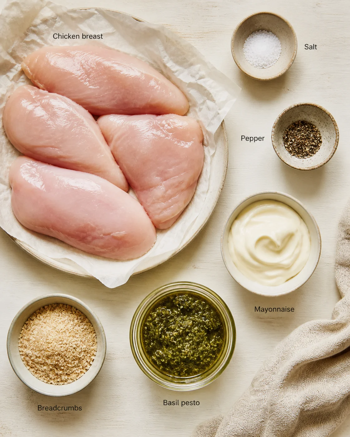 Raw chicken breasts on parchment with bowls of salt, pepper, mayonnaise, basil pesto, and breadcrumbs.