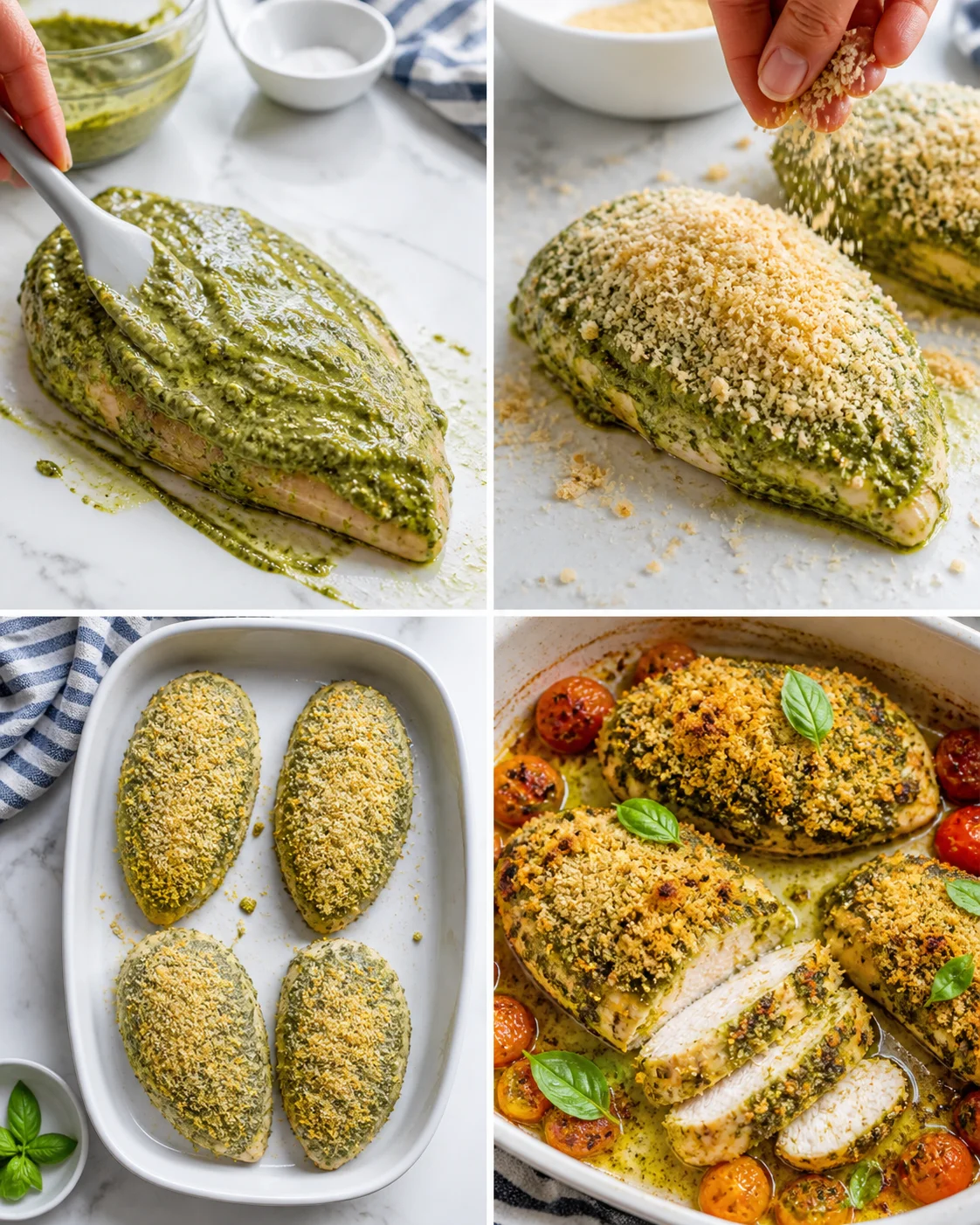 A four-panel collage showing pesto-coated chicken being breaded and baked, with tomatoes and basil.
