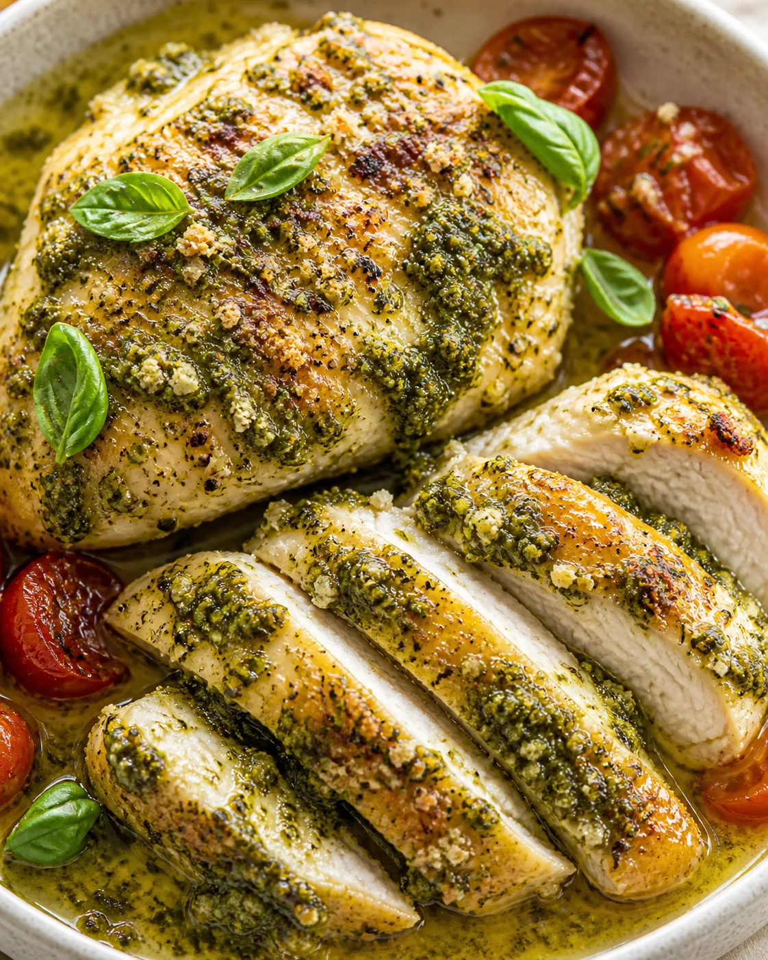 roasted herb-crusted chicken with pesto, cherry tomatoes, and fresh basil