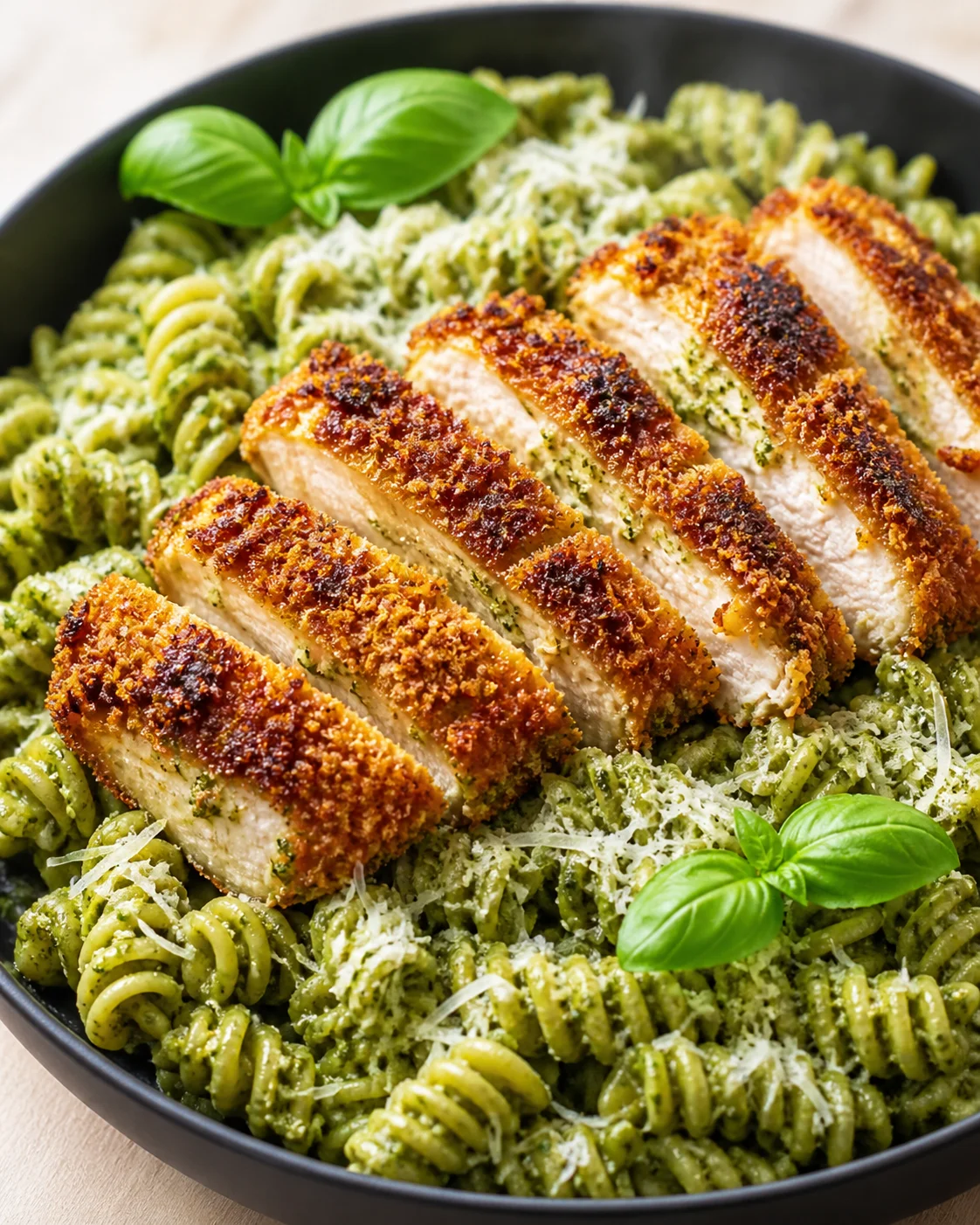 green pesto pasta with crispy parmesan-crusted chicken and basil garnish