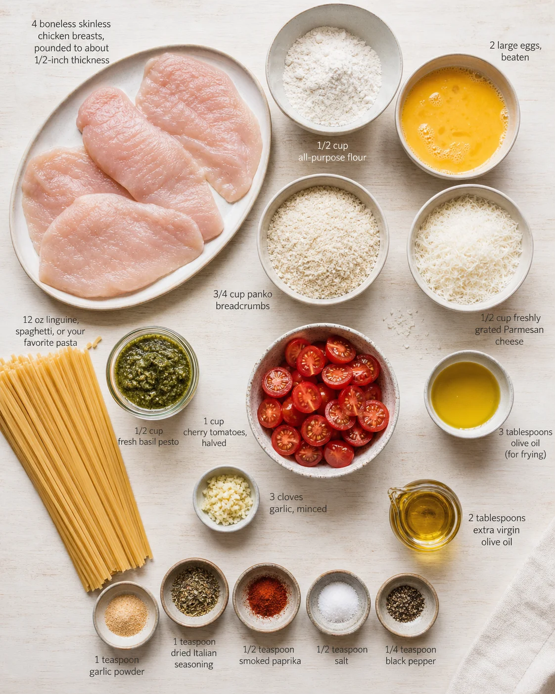 Top-down view of chicken breasts with bowls of flour, eggs, breadcrumbs, pesto, cheese, and tomatoes.