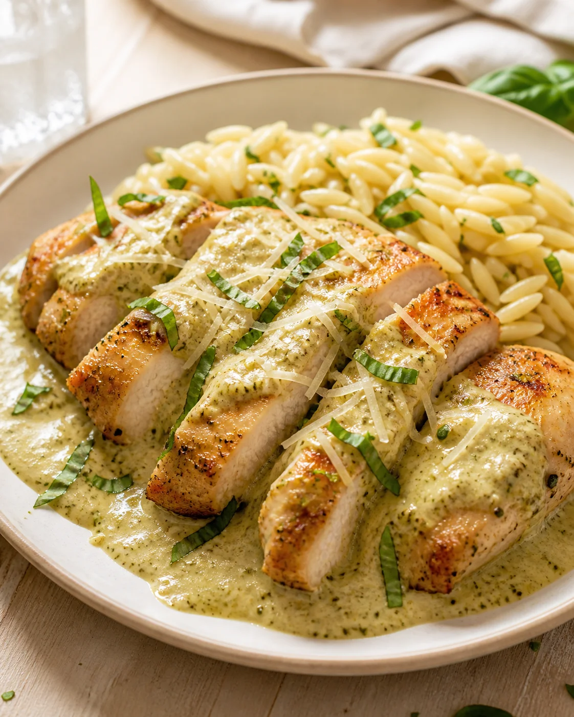 Sliced chicken with creamy herb sauce over orzo, garnished with parmesan shavings and basil on a beige plate.