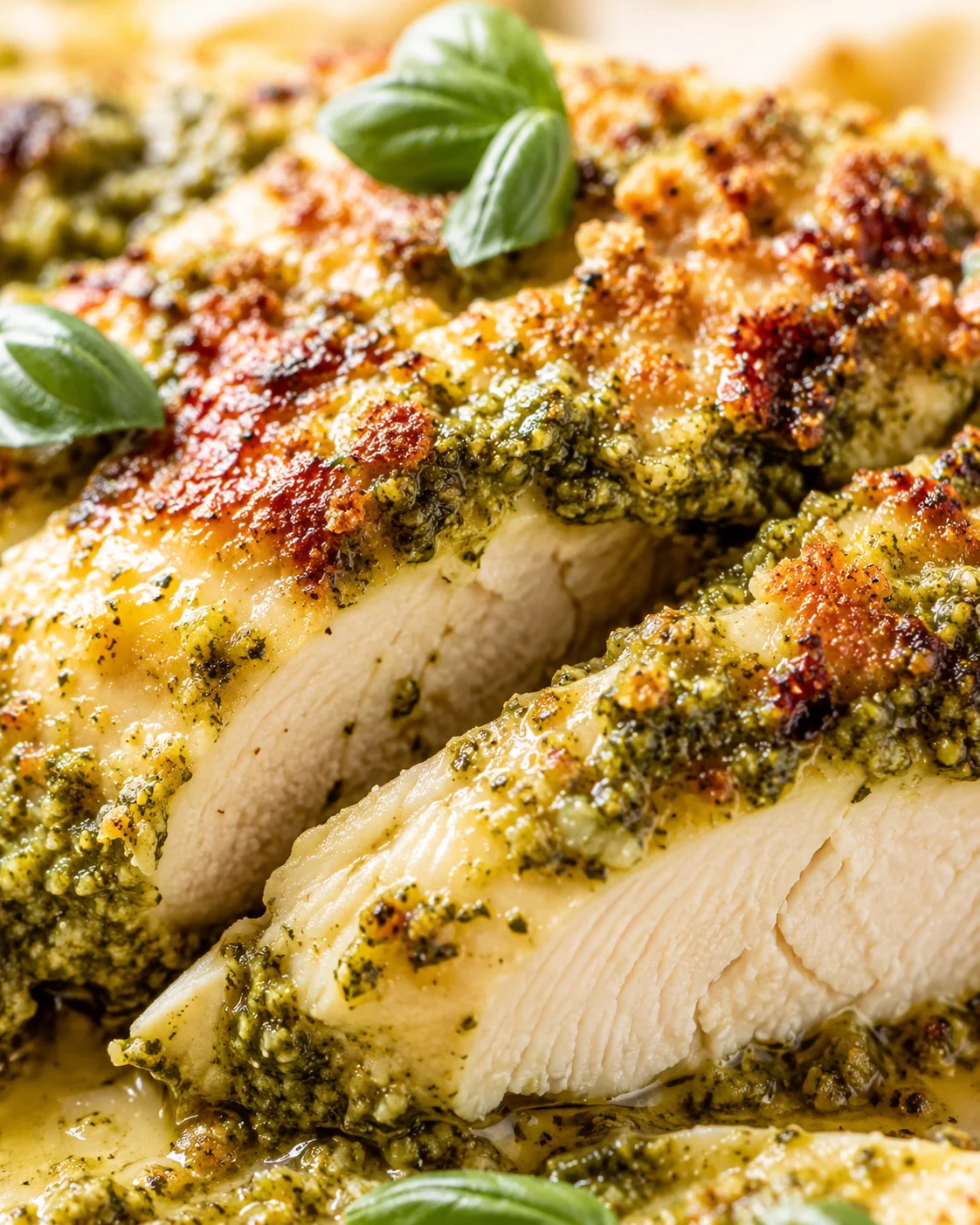 close-up of herb-crusted baked chicken with pesto, breadcrumbs, and basil on top