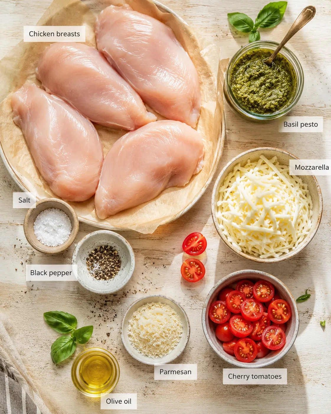 Top-down view of chicken breasts on parchment with basil pesto, mozzarella, cherry tomatoes, and seasonings.
