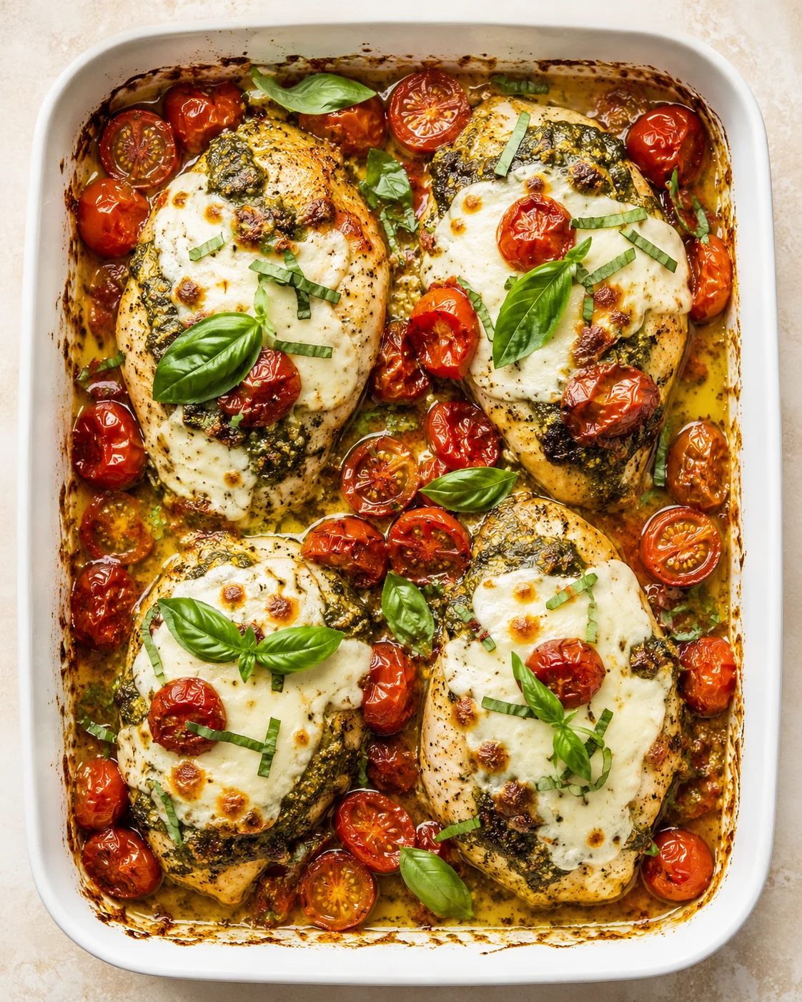 roasted chicken breasts with melted cheese and tomatoes in a white baking dish, garnished with basil.