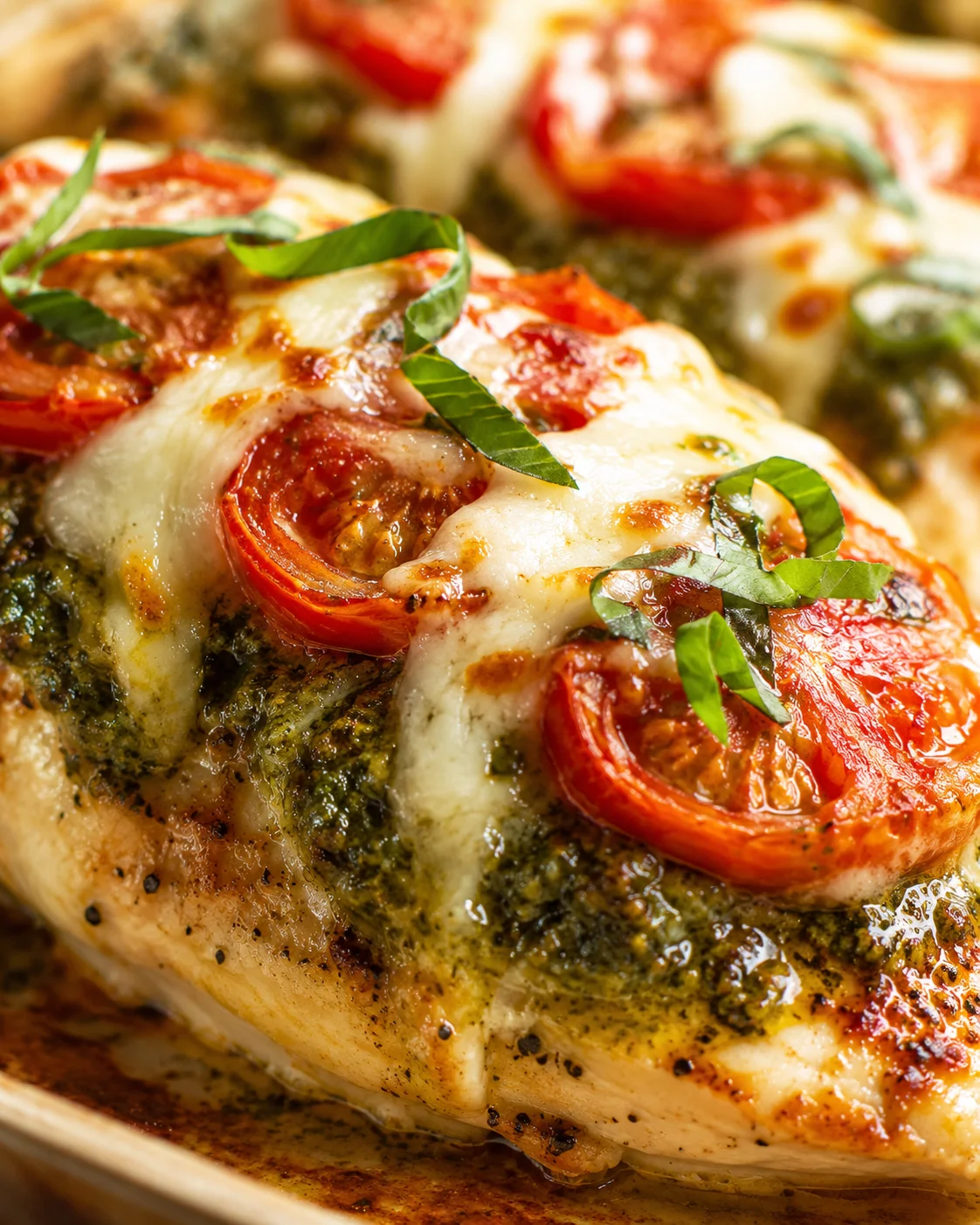 Close-up of roasted chicken topped with melted cheese, sun-kissed tomatoes, herbed pesto, and fresh basil