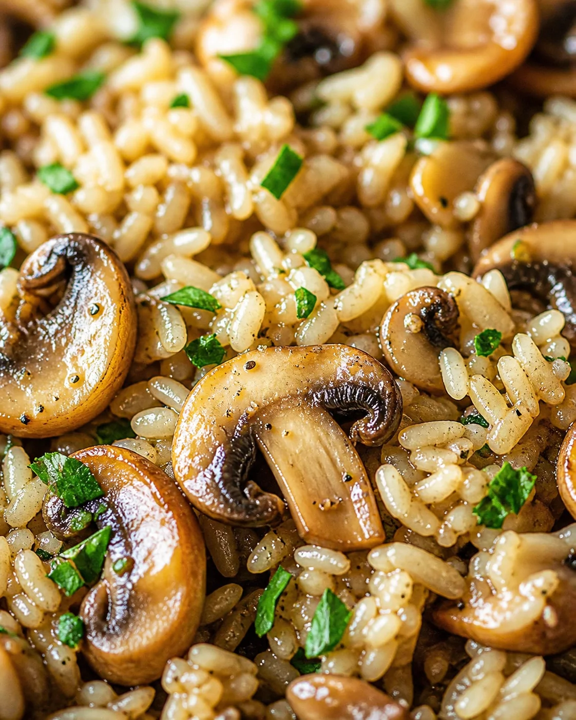 Close-up of mushroom-and-orzo pasta with chopped parsley and glossy sauce.