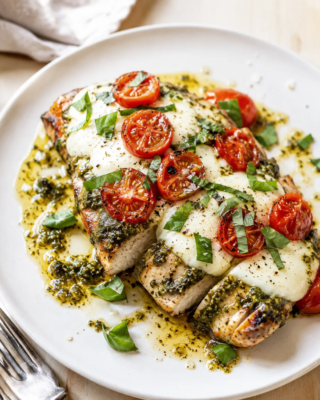 seared chicken topped with melted cheese, cherry tomatoes, and fresh basil on a white plate