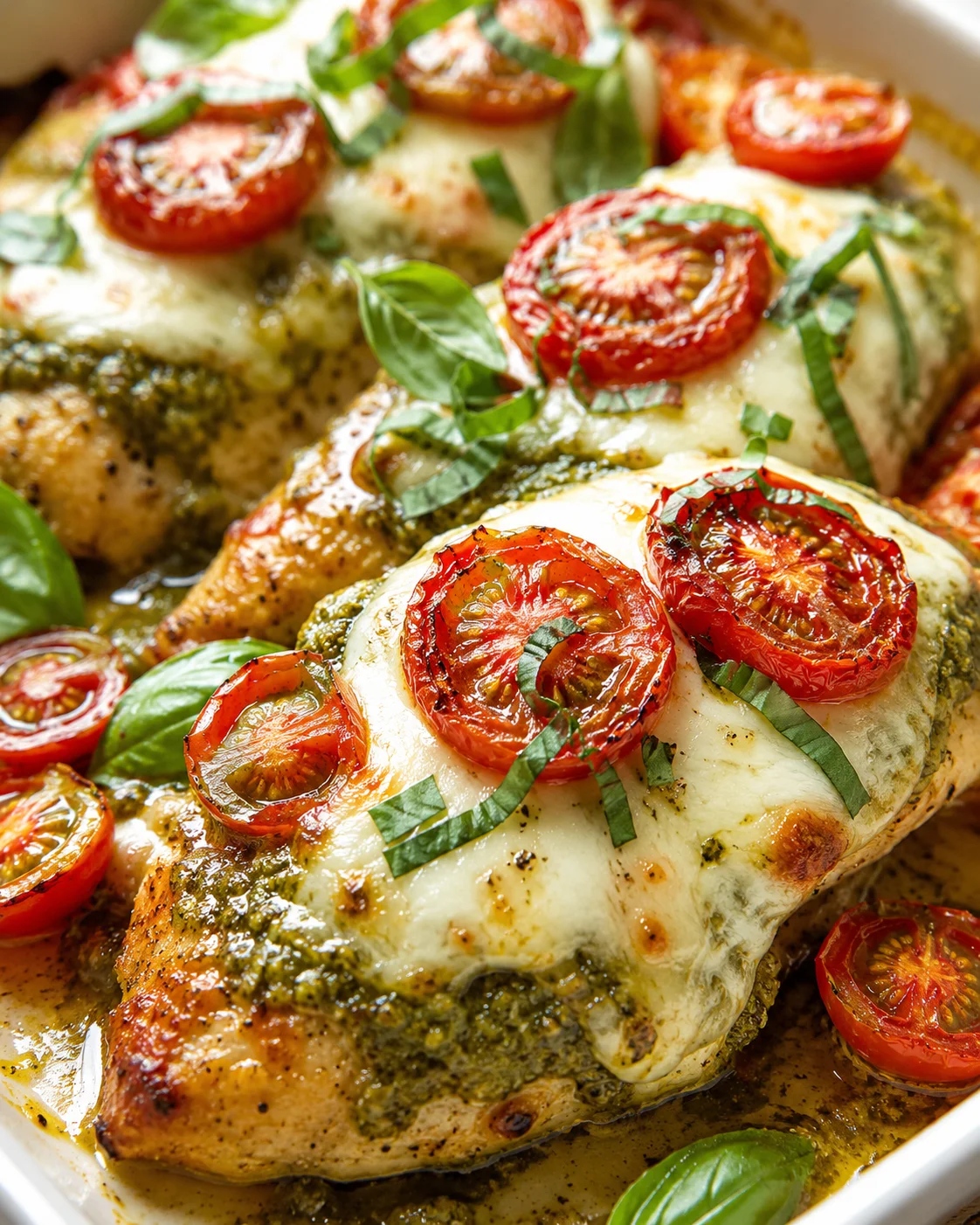 Oven-baked chicken with pesto, melted cheese, and roasted cherry tomatoes in a baking dish