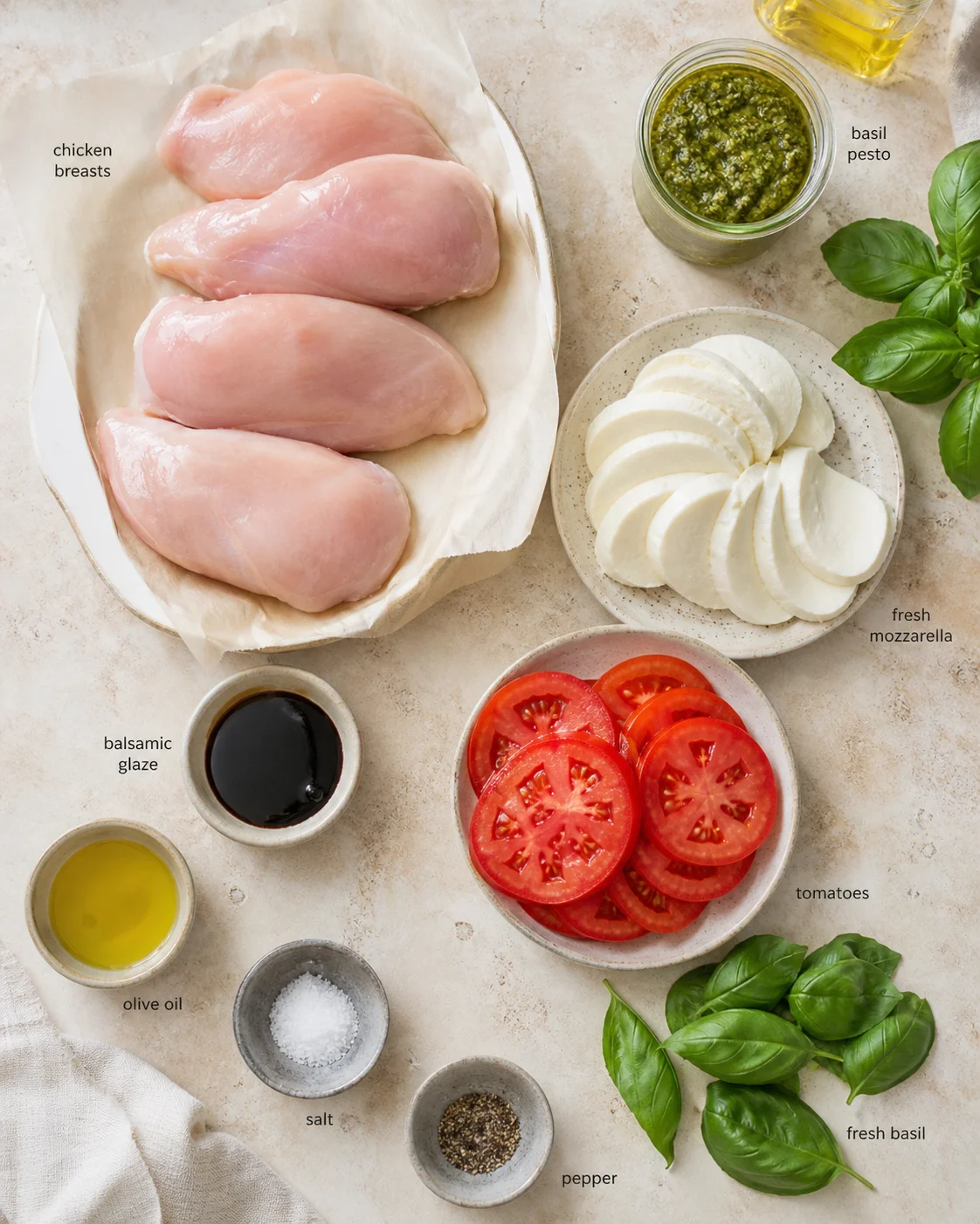 Top-down flat lay of chicken breasts, mozzarella, tomatoes, basil, and pesto on a light countertop.