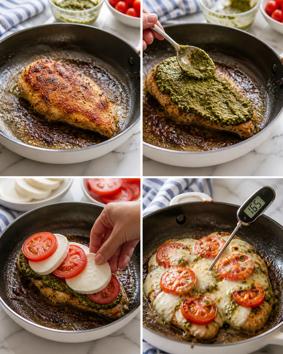 collage of pesto chicken being seared, topped with mozzarella and tomato slices in a skillet