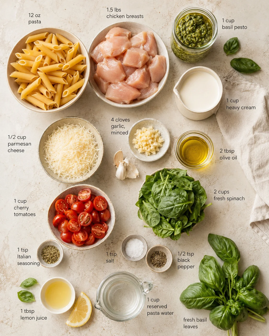 top-down view of labeled pasta ingredients arranged with bowls and greens