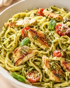 Creamy pesto pasta with grilled chicken, cherry tomatoes, and fresh basil